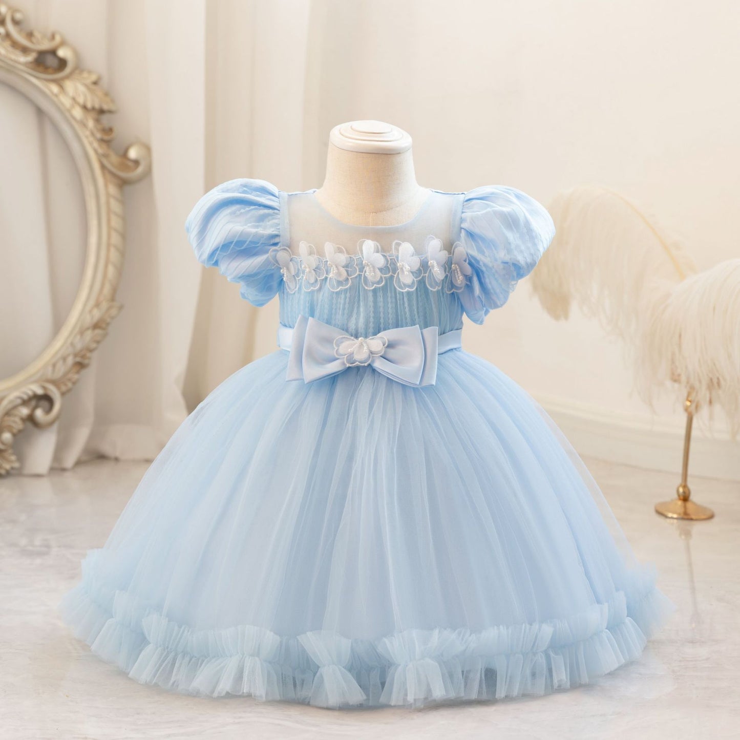 Children's Party Dress with Puff Sleeve and Bow