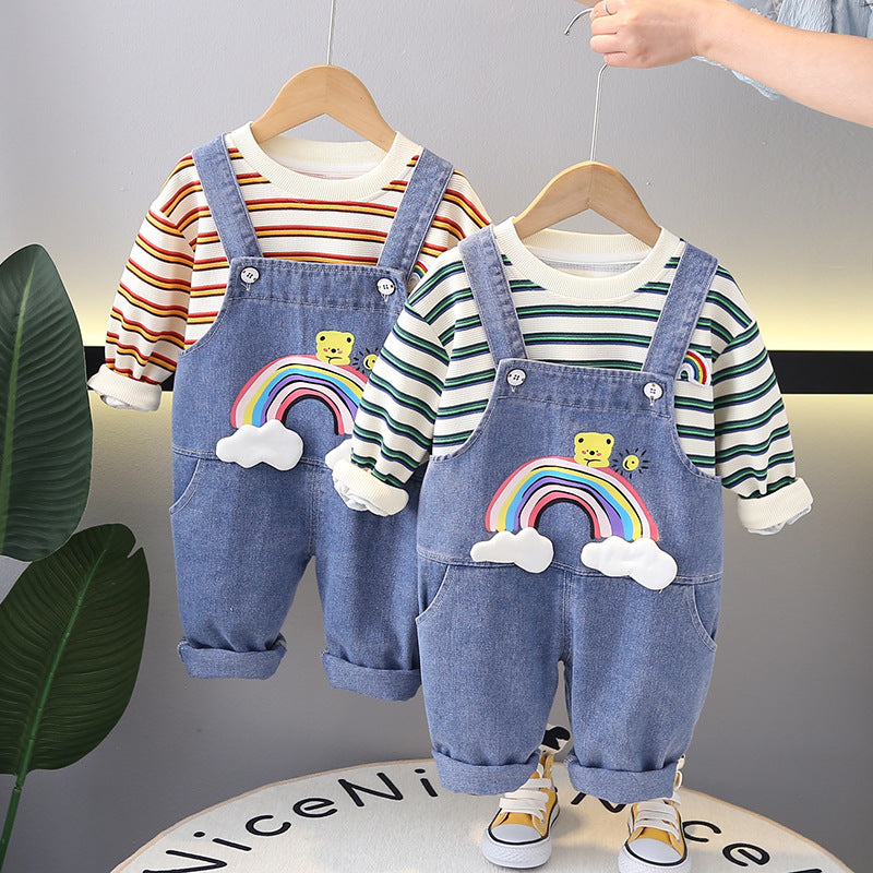 Children's Set Rainbow Jeans and Stripes Overalls