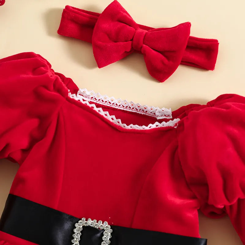 Children's dress with long Mama Claus sleeves + headband