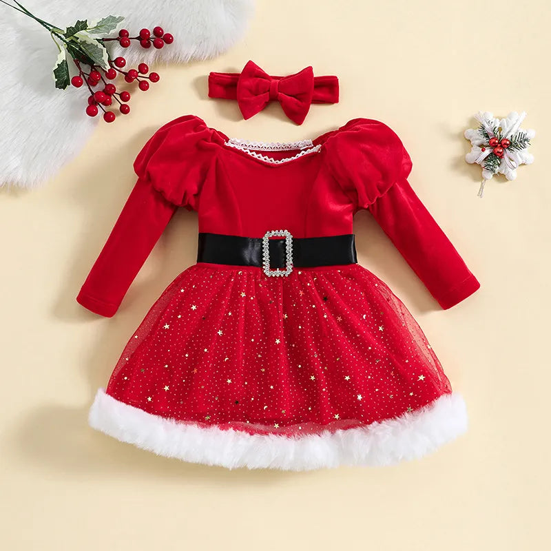 Children's dress with long Mama Claus sleeves + headband