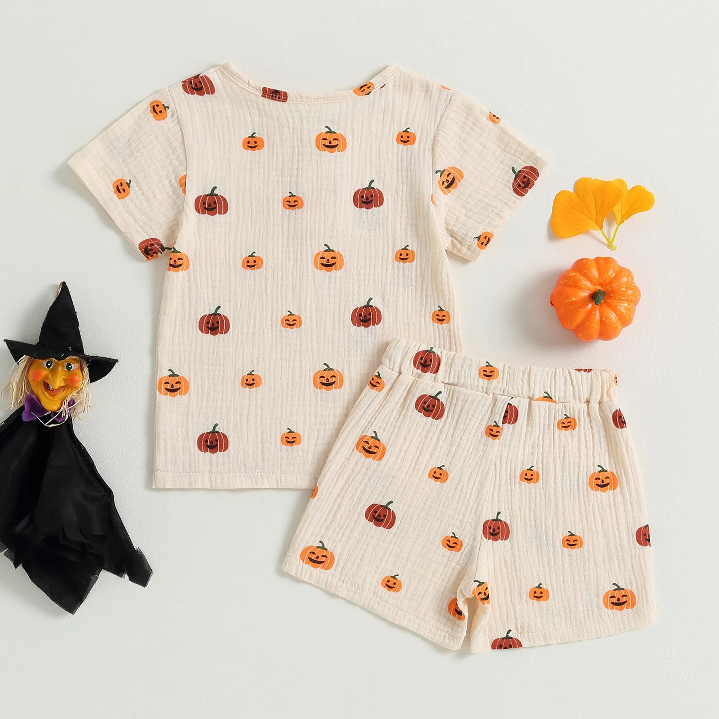 Halloween Pumpkin Print T-Shirt + Pocket Shorts Set