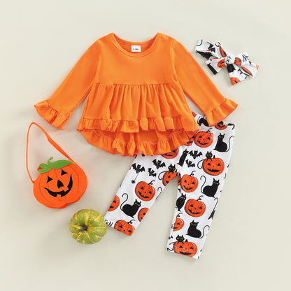 Halloween Outfits Letter Pumpkin Cat Bat Print