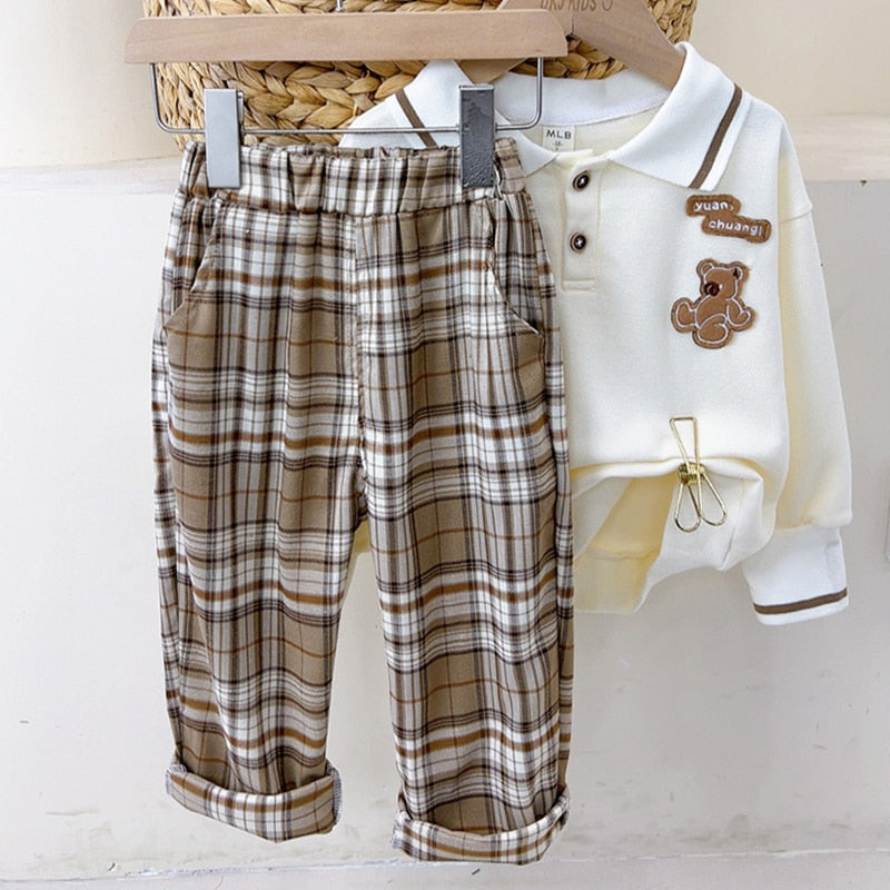 Children's set boy blouse with collar and plaid pants