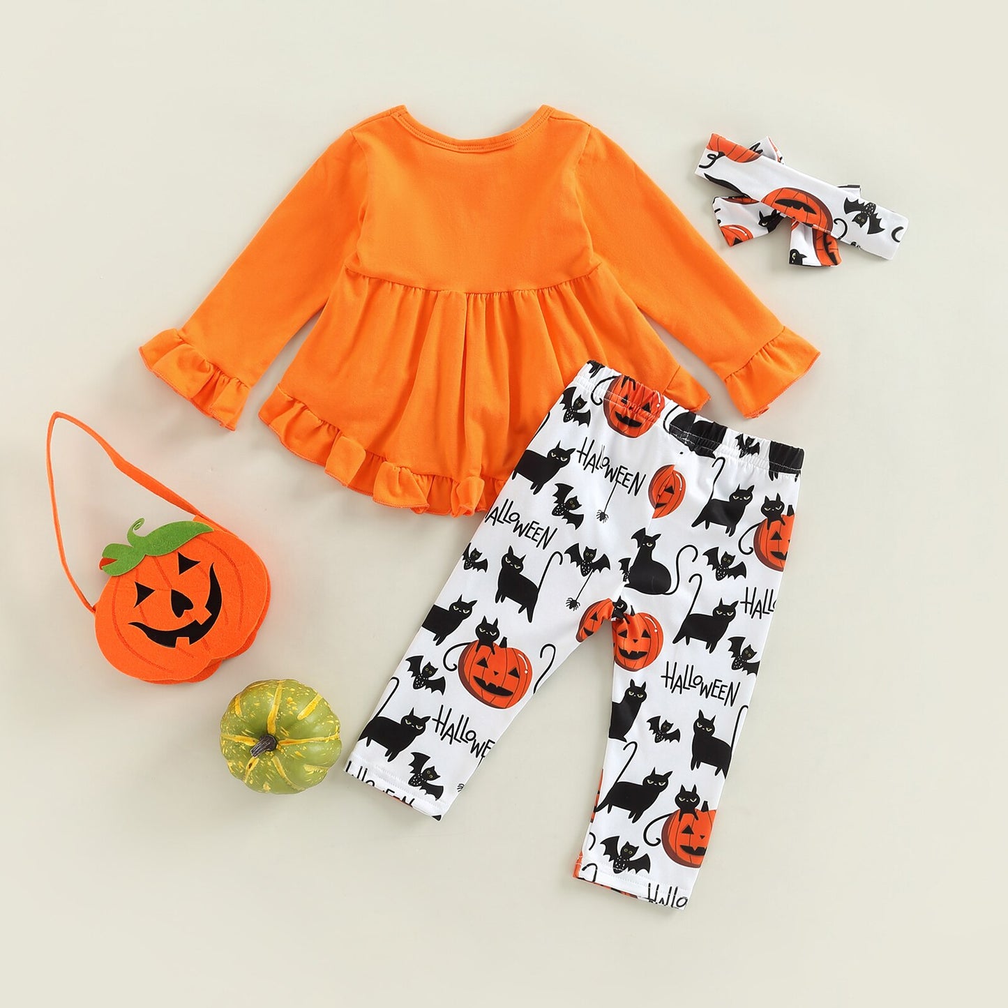 Halloween Outfits Letter Pumpkin Cat Bat Print