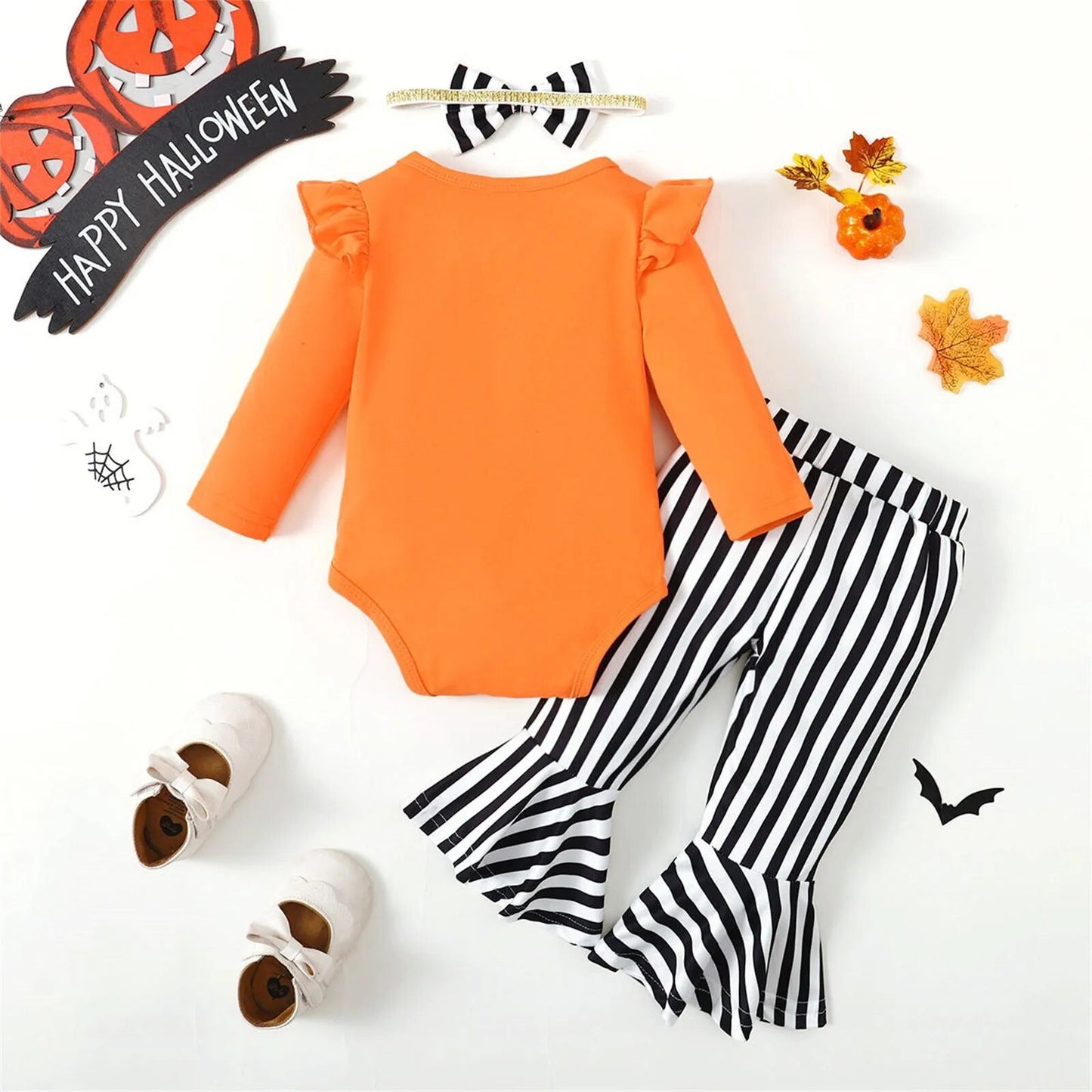 Halloween Costume Orange Romper+Pumpkin Flared Pants+Headband