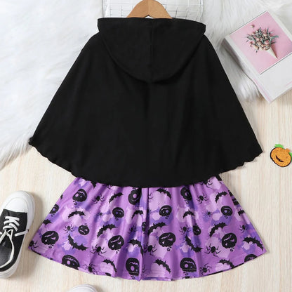 Purple dress with bats with black cape