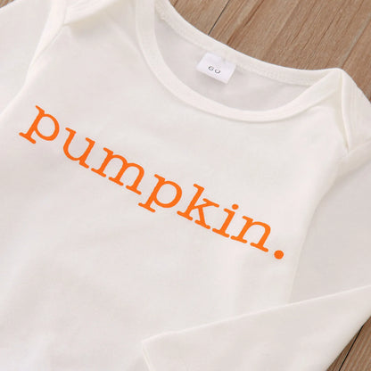 Halloween Sets Pumpkin Letter Long Sleeve Romper+Striped Flare Pants Hairband