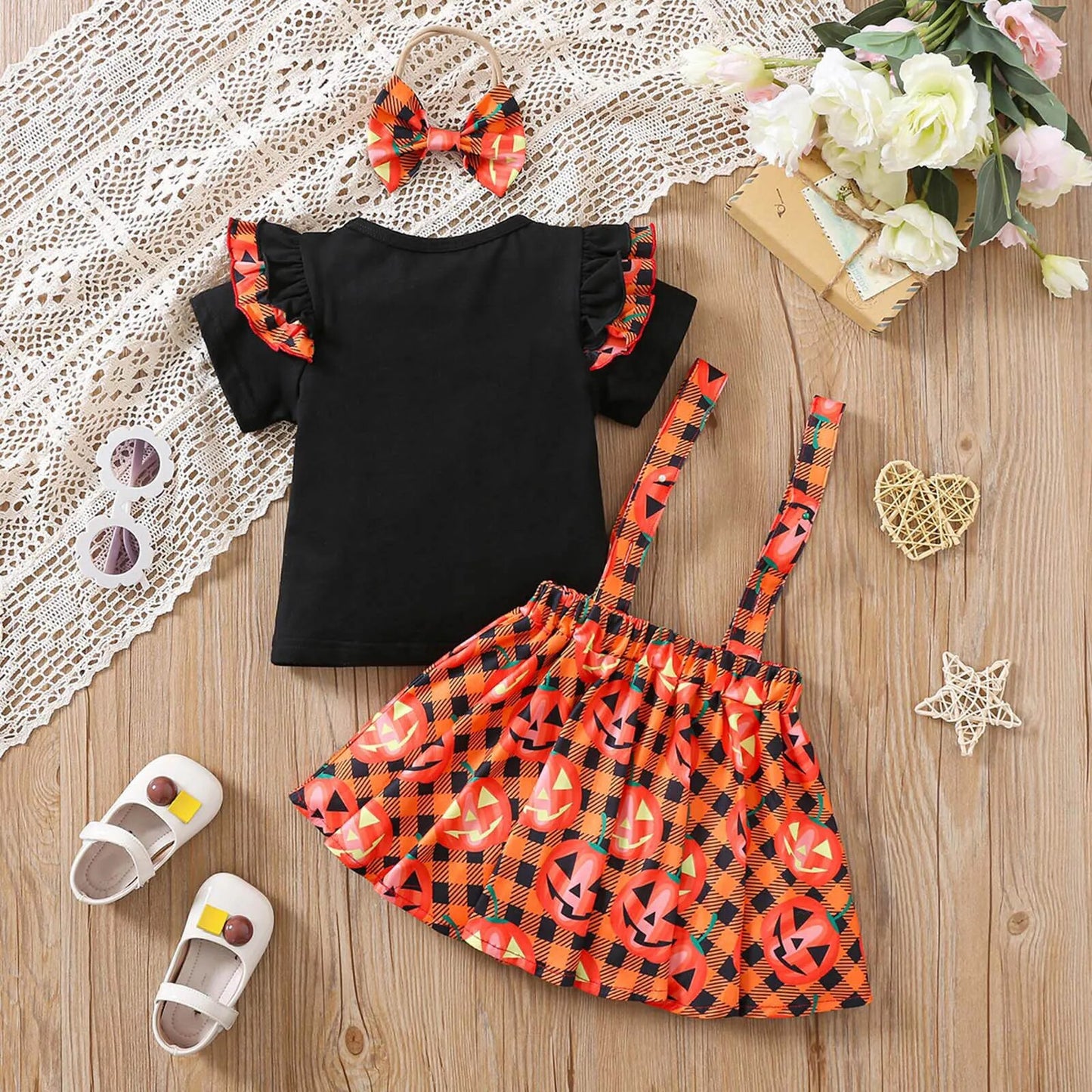 3pcs Girls Set Kids Clothes Flying Sleeve Short Sleeve Top&Pumpkin Print Suspender Skirt&Bow Headband Halloween Costumes Outfits