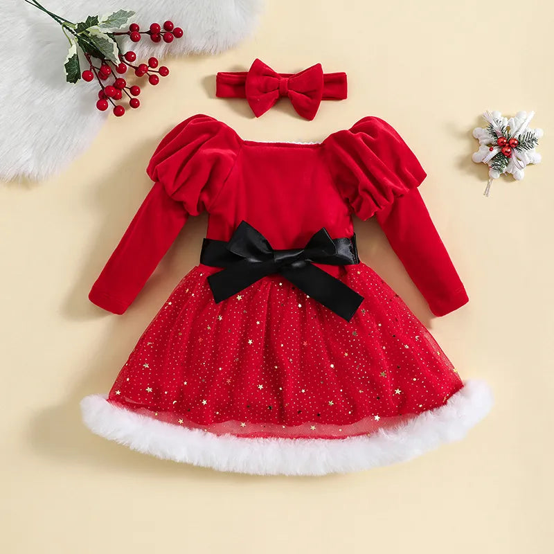 Children's dress with long Mama Claus sleeves + headband