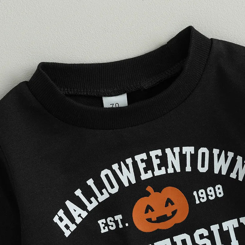 Halloween Clothes Letter Pumpkin Print Long Sleeve Sweatshirt Elastic Pants