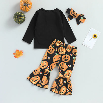 Halloween Clothes Letter Print Long Sleeve Tops Pumpkin Flared Pants  Set