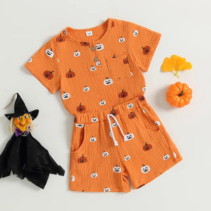 Halloween Pumpkin Print T-Shirt + Pocket Shorts Set