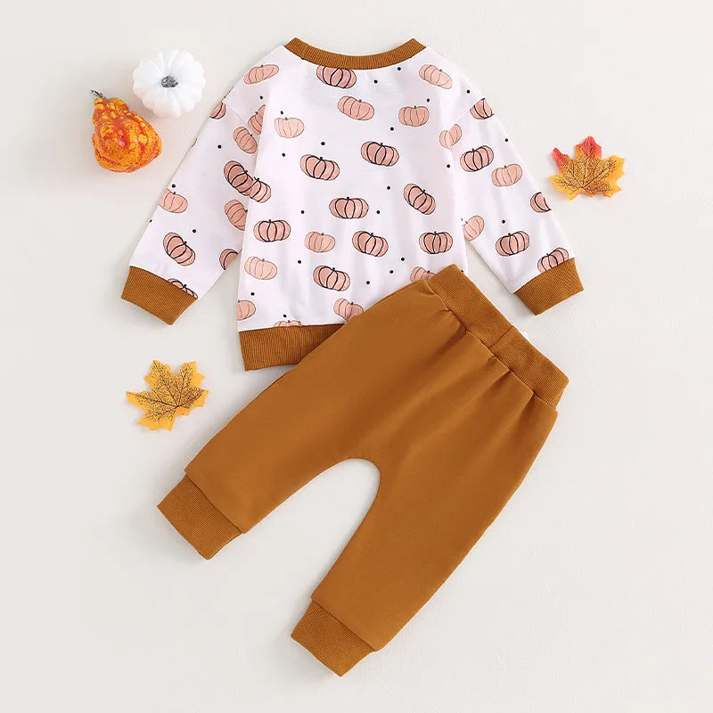 Halloween  Pumpkin Print Long Sleeve Sweatshirt Elastic Pants Set