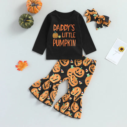 Halloween Clothes Letter Print Long Sleeve Tops Pumpkin Flared Pants  Set