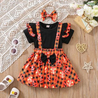 3pcs Girls Set Kids Clothes Flying Sleeve Short Sleeve Top&Pumpkin Print Suspender Skirt&Bow Headband Halloween Costumes Outfits