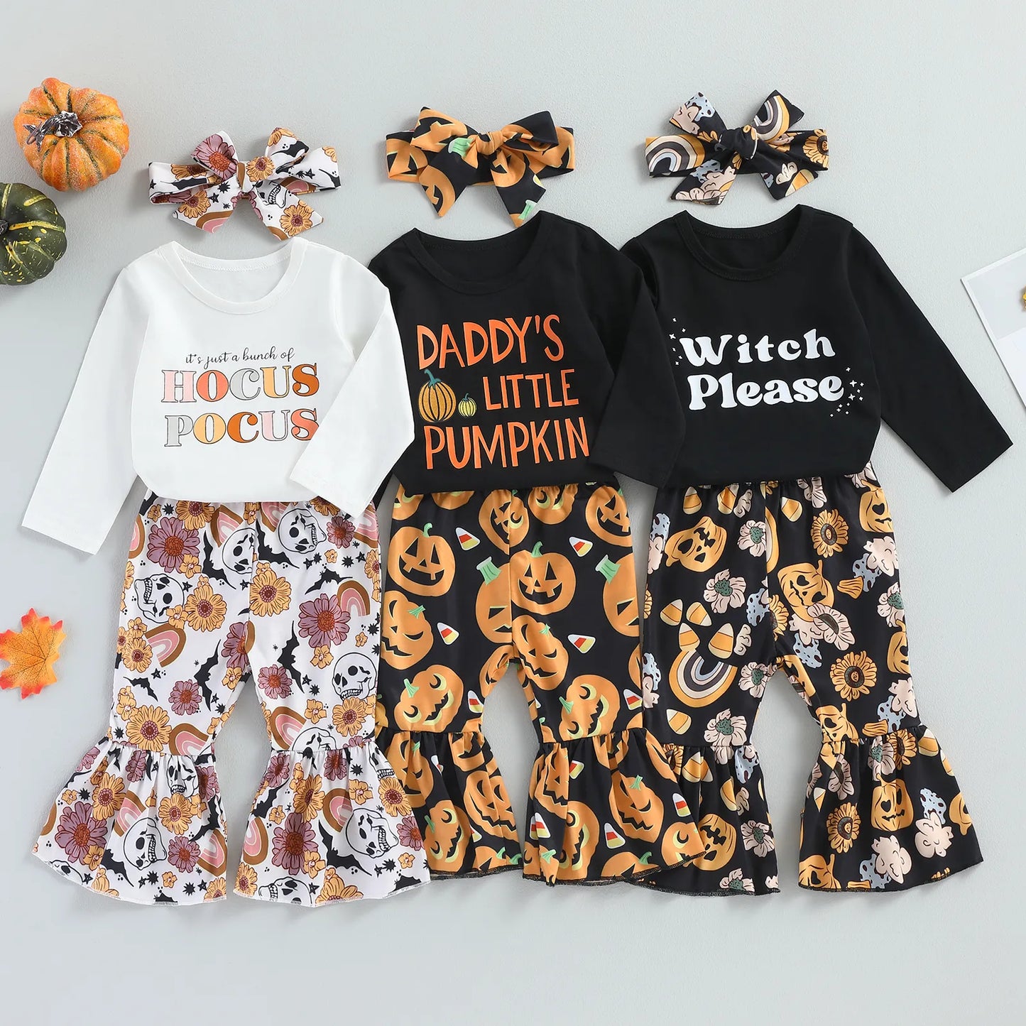 Halloween Clothes Letter Print Long Sleeve Tops Pumpkin Flared Pants  Set