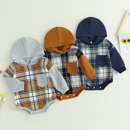 Children's plaid bodysuit with hood and pocket