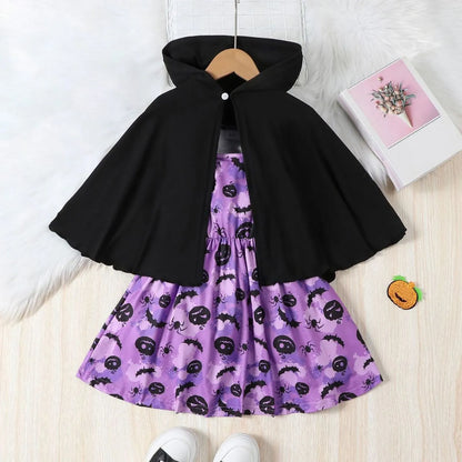 Purple dress with bats with black cape