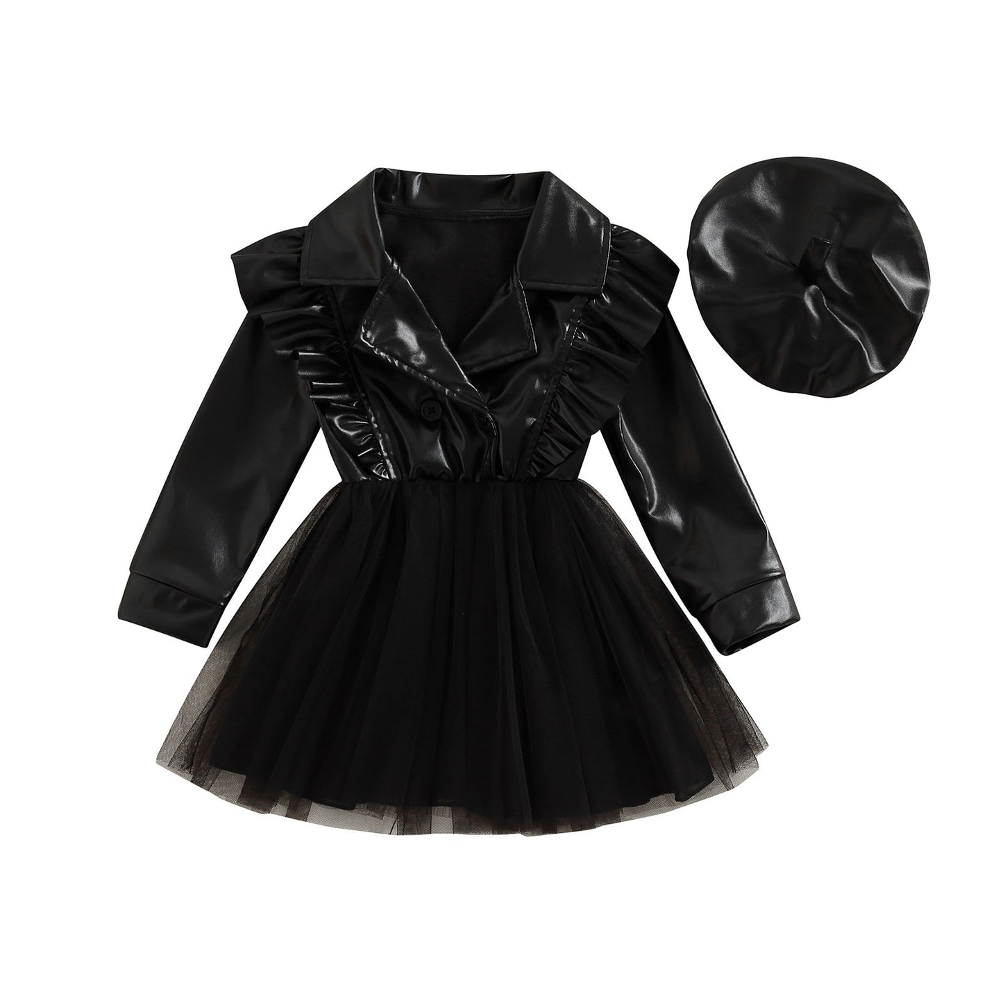 Children's leather-style dress with lace skirt + hat