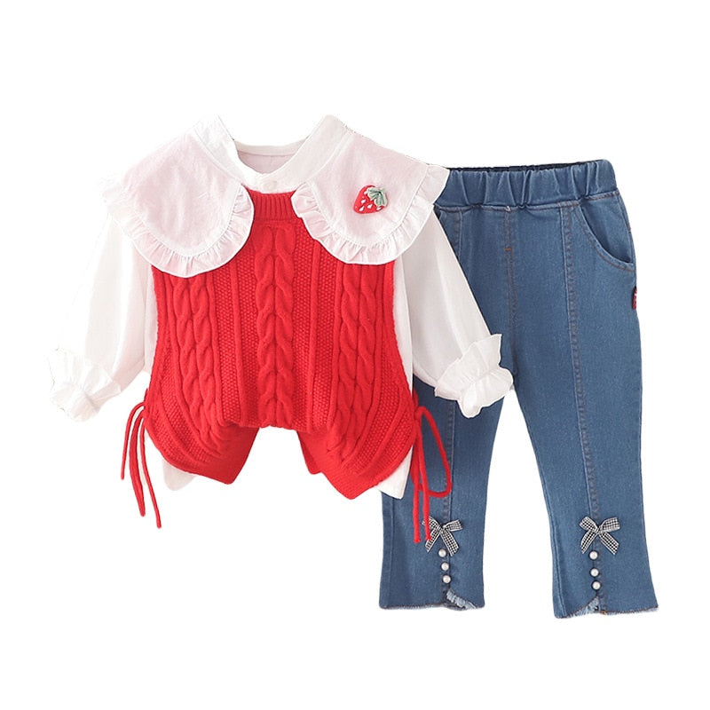 Children's set 3 pieces vest and blouse with embroidered collar