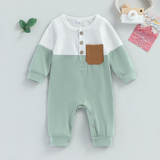 Children's green jumpsuit with buttons and pocket