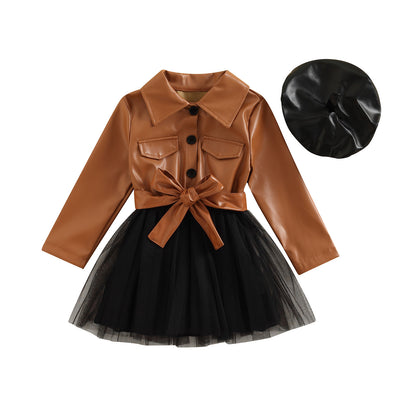 Children's leather-style dress with lace skirt + hat