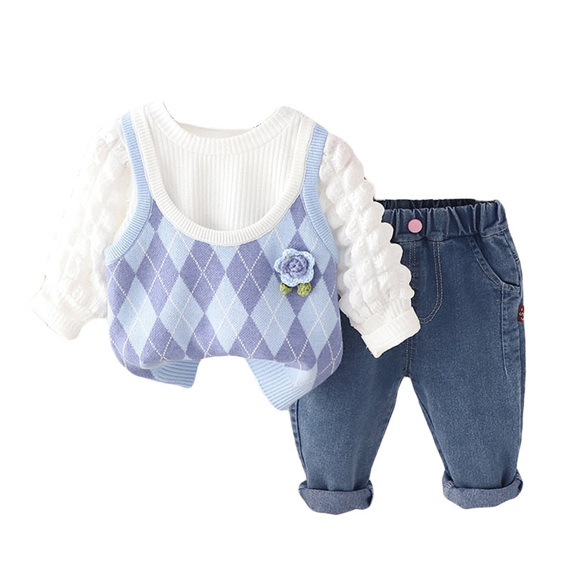 Children's set 3 pieces checkered vest with rose