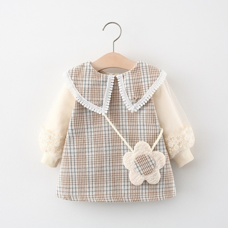 Children's plaid dress with flower bag