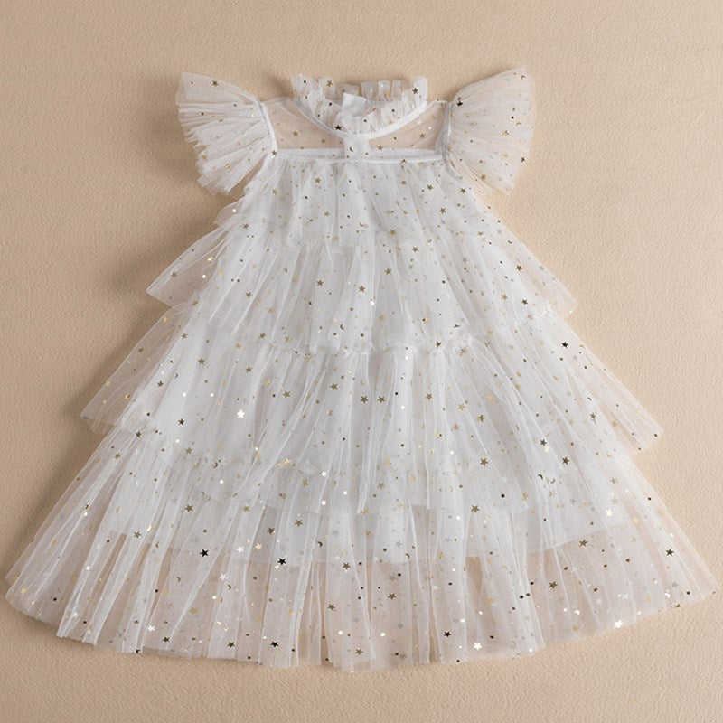 Children's party dress with lace ruffles and stars