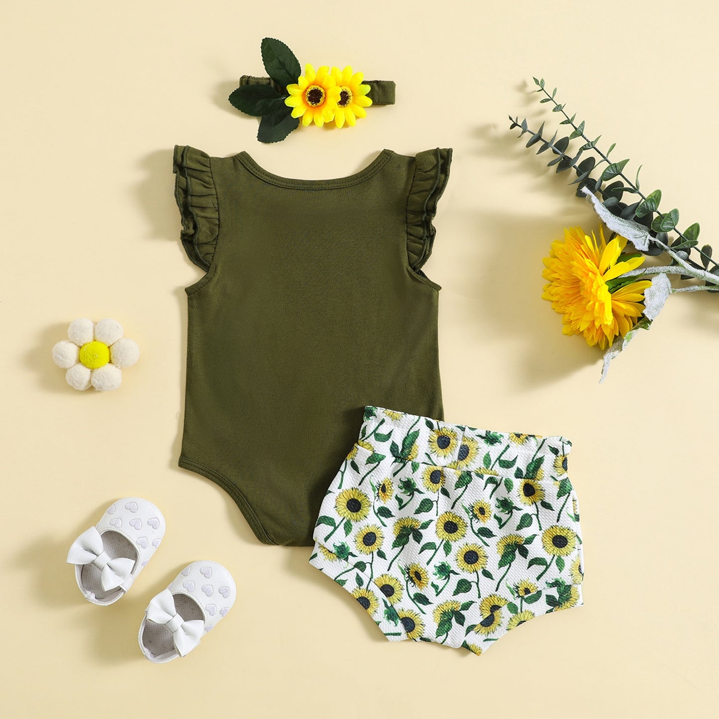 Green set with sunflower shorts + headband