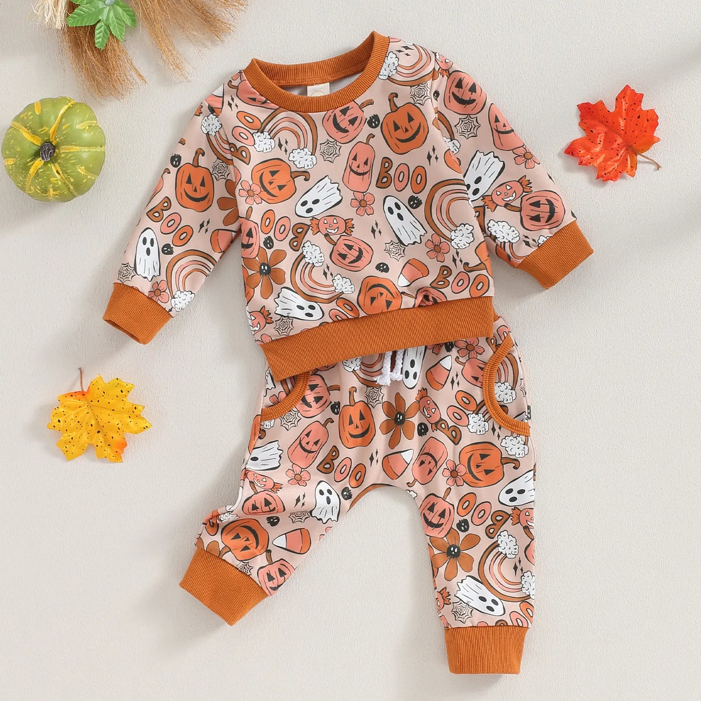 Pumpkin Print Sweatshirt with Sweatpants Halloween