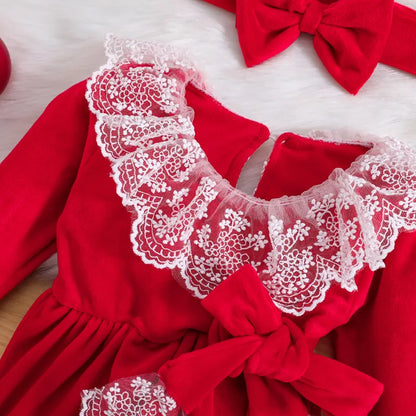 Red baby bodysuit with lace + headband