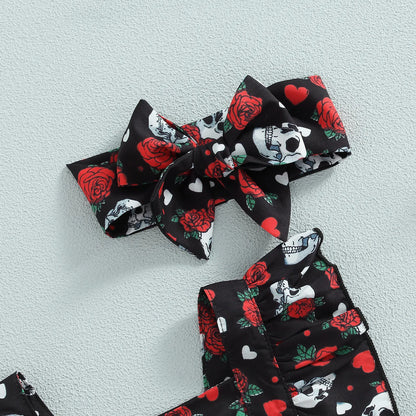 Halloween Outfit, Rose Skull Print Square Neck Ruffle Romper