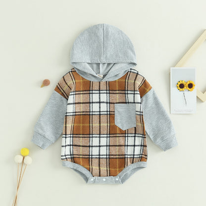 Children's plaid bodysuit with hood and pocket