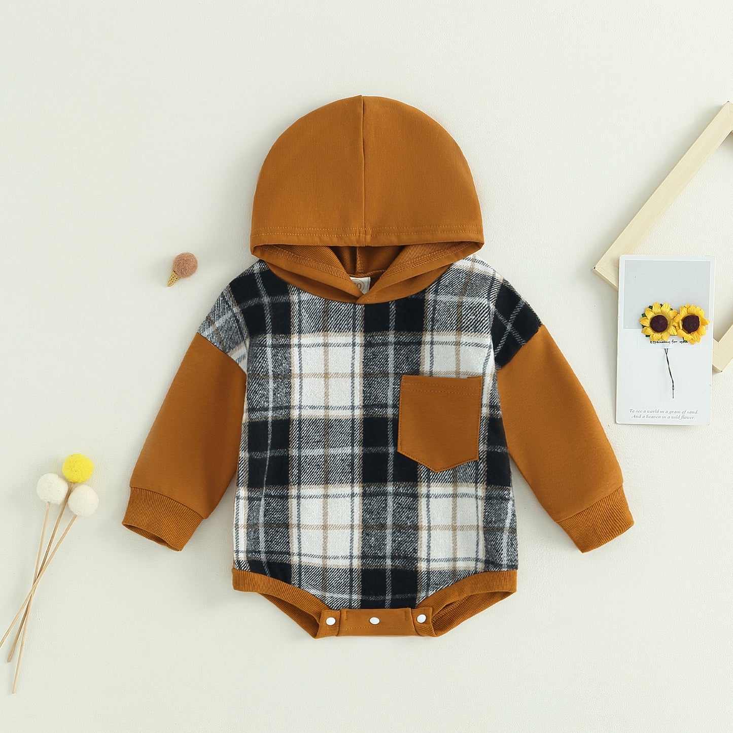 Children's plaid bodysuit with hood and pocket