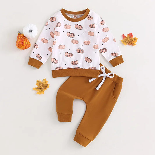 Halloween  Pumpkin Print Long Sleeve Sweatshirt Elastic Pants Set