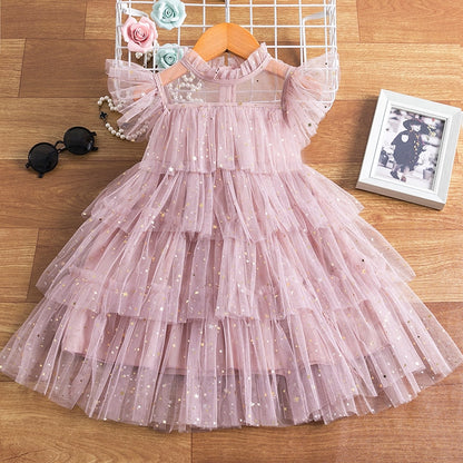 Children's party dress with lace ruffles and stars