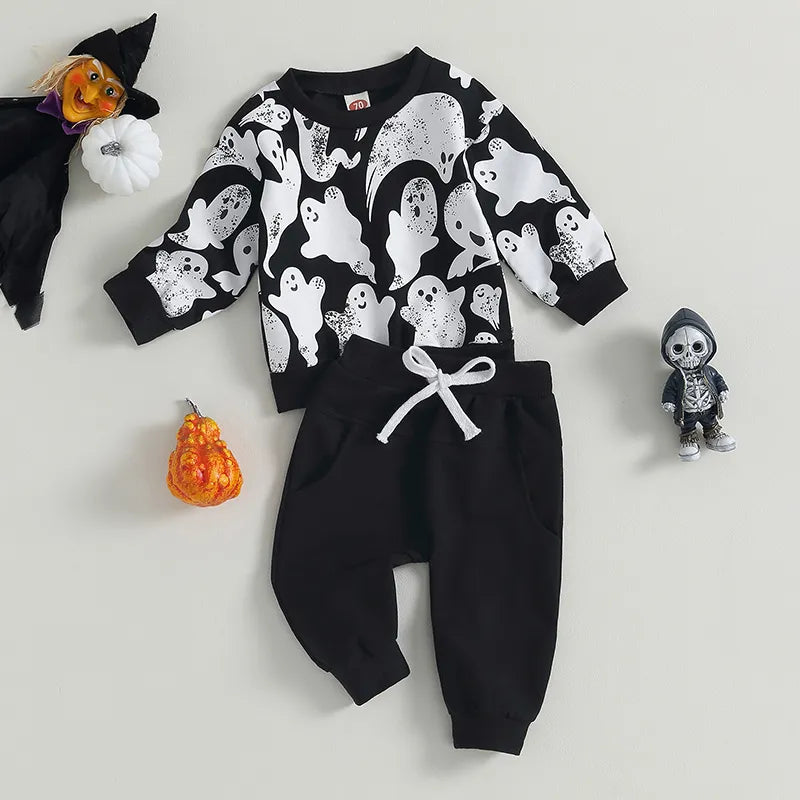 Long Sleeve Ghost Print Tops and Pants Set Toddler Halloween