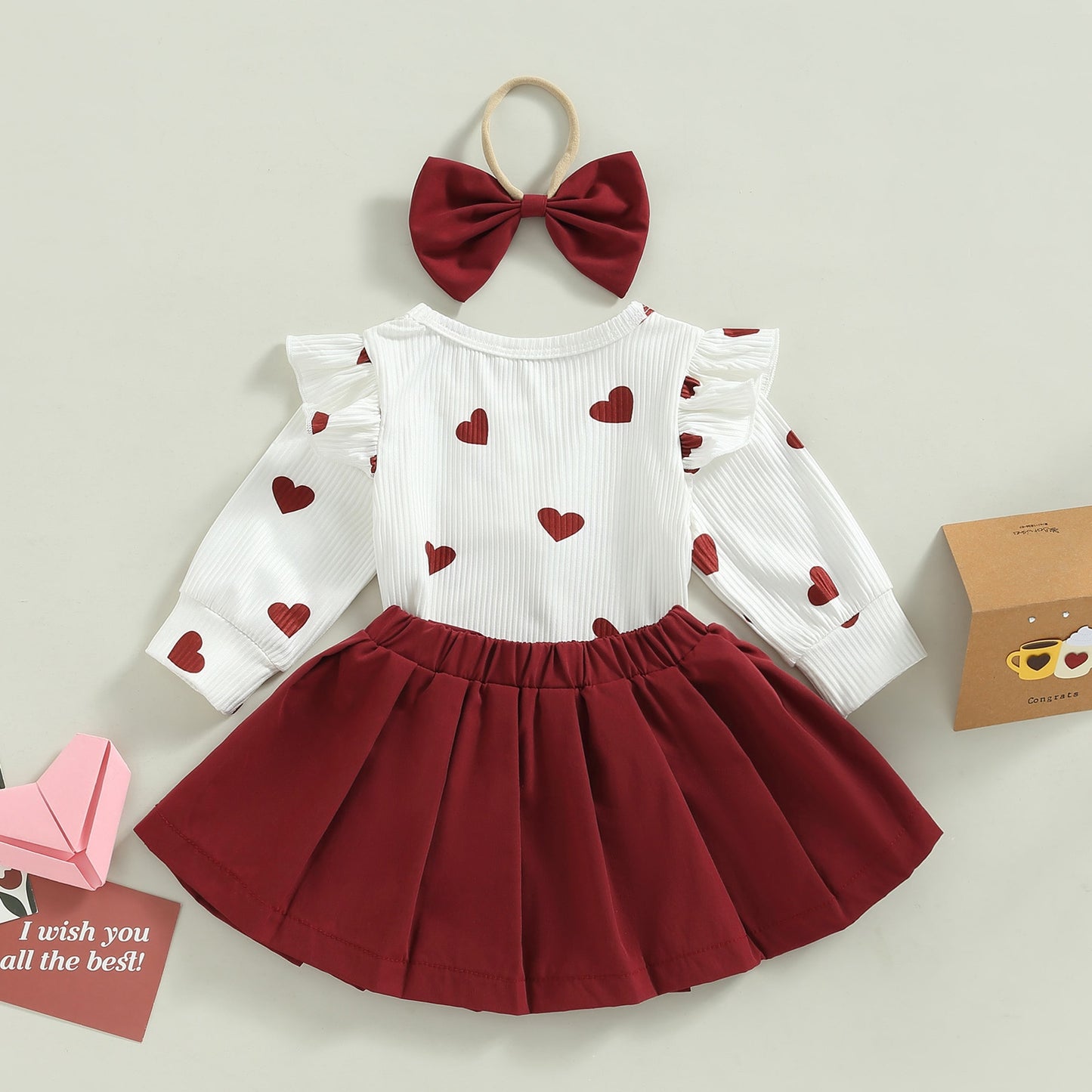 Children's set with red skirt, blouse with hearts + headband