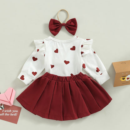 Children's set with red skirt, blouse with hearts + headband