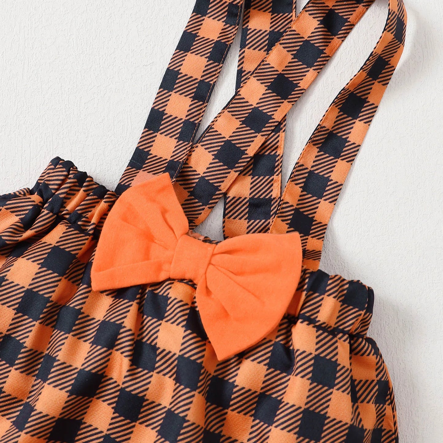 Halloween  Pumpkin Romper+Plaid Suspender Skirts+ Headband