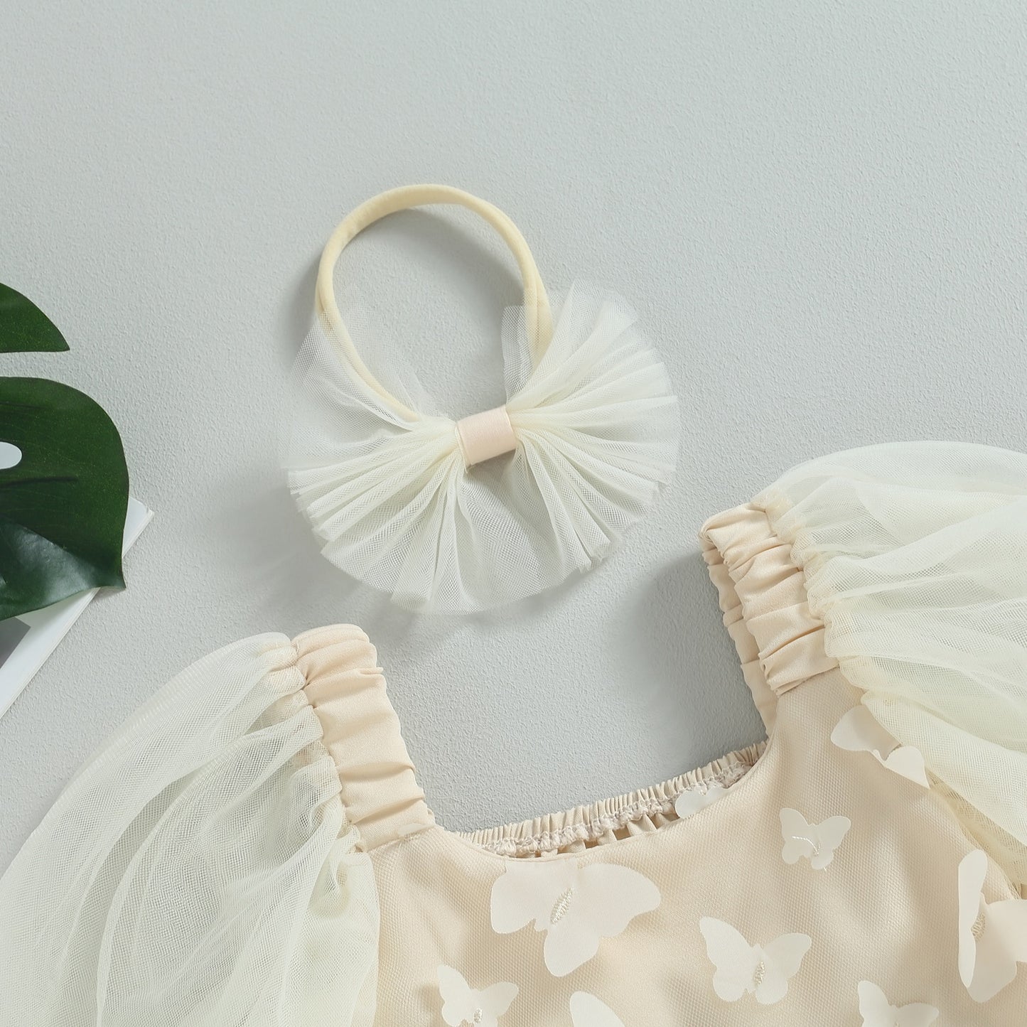 Children's beige butterfly dress + Headband