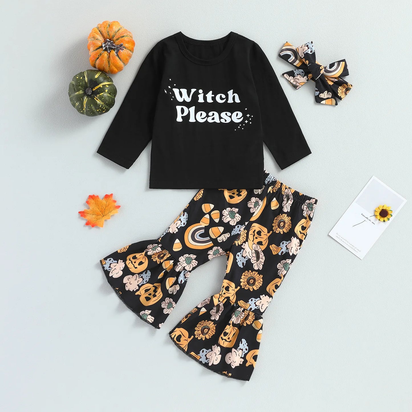 Halloween Clothes Letter Print Long Sleeve Tops Pumpkin Flared Pants  Set