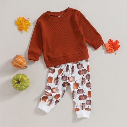 Long Sleeve Tops Pumpkin Print Drawstring Pants Sets