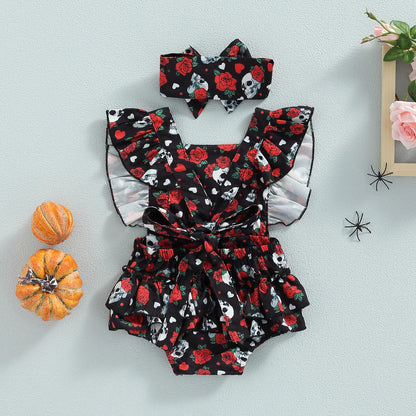 Halloween Outfit, Rose Skull Print Square Neck Ruffle Romper