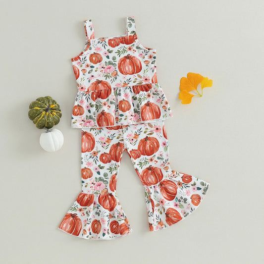 Halloween  Sleeveless Pumpkin Print Tank Tops + Flare Pants Set