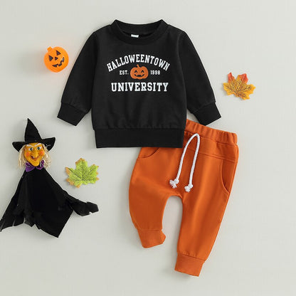 Halloween Clothes Letter Pumpkin Print Long Sleeve Sweatshirt Elastic Pants