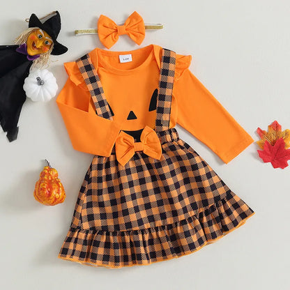 Set Halloween Clothes Cute Long Sleeves Romper and Plaid Suspender