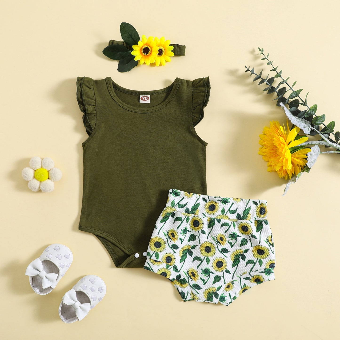 Green set with sunflower shorts + headband