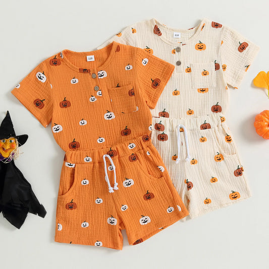 Halloween Pumpkin Print T-Shirt + Pocket Shorts Set